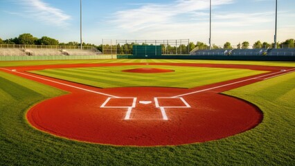 Baseball field perspective view with grass red clay and blue sky
