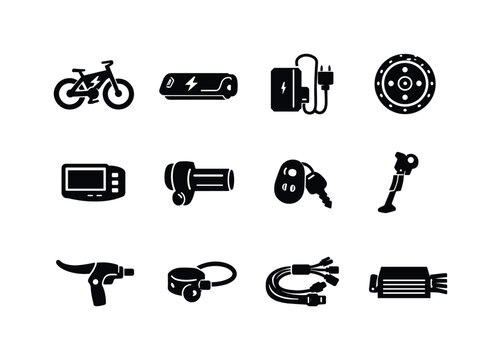 Electric Bike Icons. Electric biking. Solid icon set of electric biking: e-bike, battery pack, charger, motor hub, display panel, throttle, key fob, kickstand,