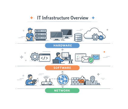 IT Infrastructure Overview. IT infrastructure system overview. High-level diagram showing hardware, software, and network layers working together. Clear