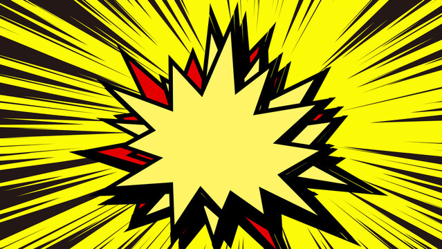 Yellow comic explosion with comment box in pop art background. Comic book style explosion background in dynamic background. Abstract radial lines with cartoon explosion in halftone style pow explosion