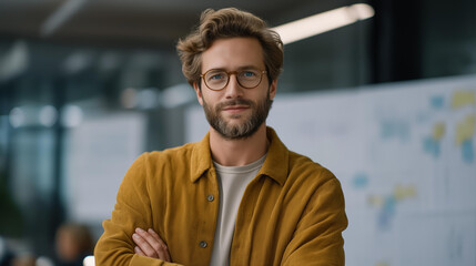 Obraz premium A focused entrepreneur stands proudly in front of a whiteboard covered in strategic plans and order details, showcasing their vision for a startup while engaging with a group of motivated