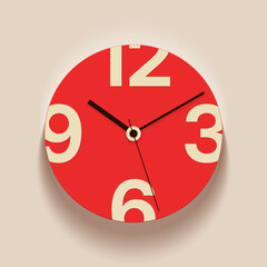 Simple red clock in flat style, with arrow and big numbers. Watch on gray background. Business time. Vector design element for you project
