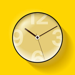 Simple clock in glassmorphism style, with arrow and big numbers. Watch on yellow background. Business time. Vector design glass element for you project