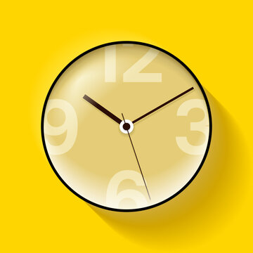 Simple clock in glassmorphism style, with arrow and big numbers. Watch on yellow background. Business time. Vector design glass element for you project