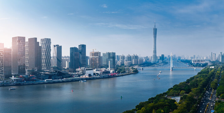 Aerial view panorama cityscape of Guangzhou featuring canton tower and pearl river, China