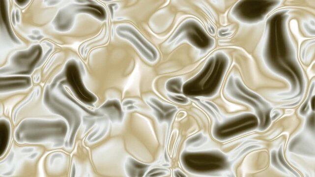 Abstract fluid metallic texture with wavy reflective surfaces in gold, silver, and brown tones creating a dynamic pattern.