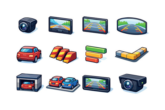 Colorful Rear Camera Icons. Car Rear View Camera. Colorful isometric vector icons set of Car Rear View Camera: rear camera lens, live video feed screen,