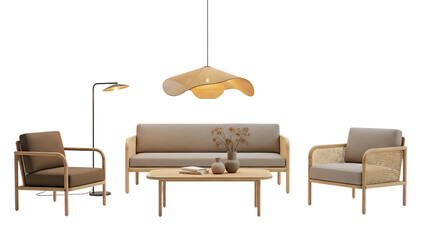 Fototapeta premium Modern Living Room Furniture Set Sofa Armchairs Coffee Table Lamp On Isolated Transparent Background