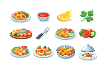 Colorful Appetizer Icons. Restaurant Appetizer. Colorful flat vector icons set of Restaurant Appetizer: calamari rings plate, dipping sauce bowl, lemon slice,