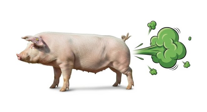 pig farting a green cloud, gross flatulence photo, on a white background, funny animal gas