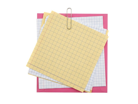 Stack of yellow and white grid paper sheets with pink paper and silver paperclip isolated on a transparent background
