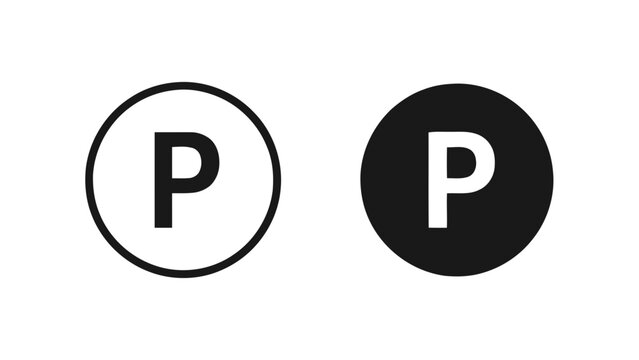 Vector illustration of parking symbol icons in black and white, representing designated areas, on transparent background