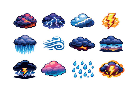 Storm Icon Set. storm aesthetic. Colorful isometric vector icons set of storm aesthetic: dramatic cloud mass, electrified sky, silver lining edge, lightning