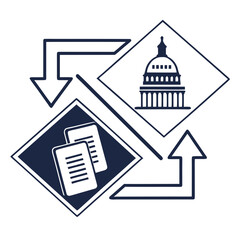 Obraz premium Document exchange with government building and arrows in flat style 