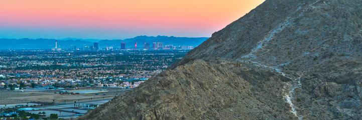 Obraz premium Aerial Las Vegas Strip Lone Mountain Panorama at Golden Hour Nevada
