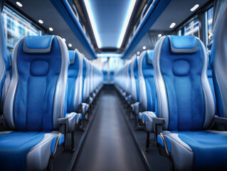 Obraz premium Modern spacious bus interior with rows of comfortable blue seats and sleek overhead lighting designed for long-distance travel and passenger comfort