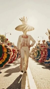 Traditional mariachi performer in ornate charro suit marches forward confidently leading a vibrant cultural parade under bright sunlight