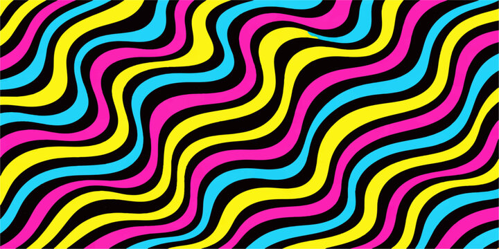 A seamless vector pattern of colorful geometric waves and striped rainbow lines creates a bright abstract texture design for a retro art wallpaper backdrop