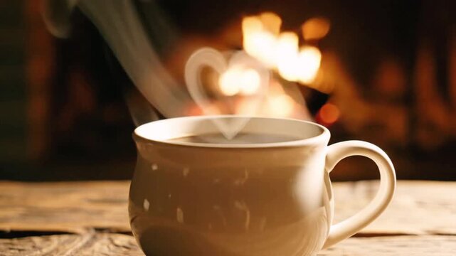 Steaming hot beverage in a cozy ceramic mug rests upon a rustic wooden surface creating a warm intimate atmosphere beside a gently glowing fireplace creating lovely heart shaped steam.