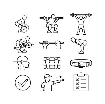 Strength Training Icons. Strength training form. Line icon set of Strength training form: deadlift posture, squat technique, overhead press, bent row, barbell