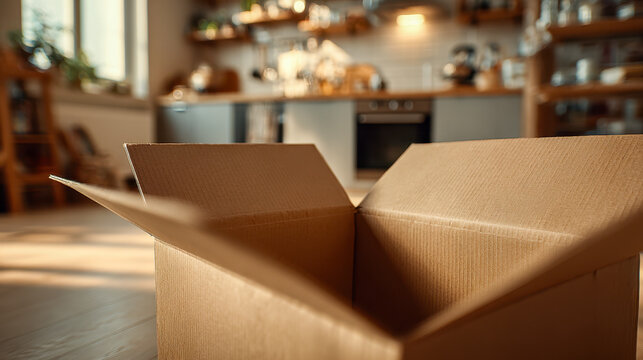 Open empty cardboard box on wooden floor in cozy warmly lit kitchen ready for packing or unpacking household items during moving or organizing process