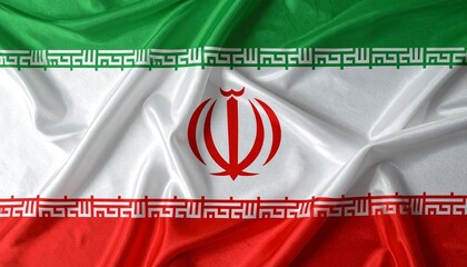Fototapeta premium Iranian flag with green, white, and red stripes, central emblem, and Kufic script, shown on folded fabric.