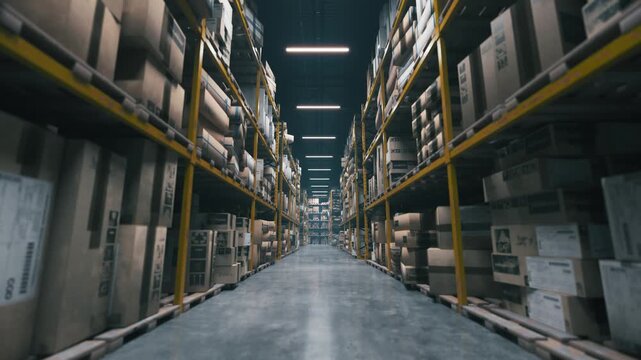 Warehouse Lights Turning On. Industrial Distribution Center Interior Animation