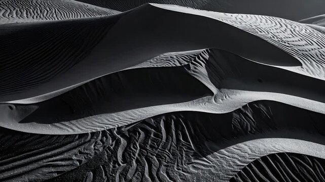 Monochromatic image of rolling desert dunes with textured surfaces and deep shadows