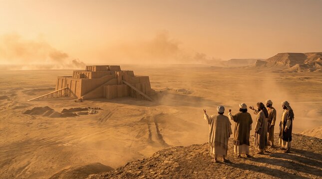 Men in ancient biblical clothing looking at the Tower of Babel in a desert landscape. Religious tale concept for historical illustration.