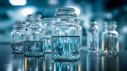 Transparent laboratory glass bottles filled with clear liquid arranged on a reflective surface with a blurred blue scientific background