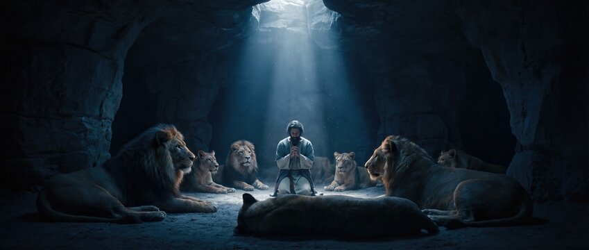 Man in prayer in a lion den, a biblical scene from the Old Testament. Concept of faith, protection, and overcoming adversity for religious content. Banner with copy space