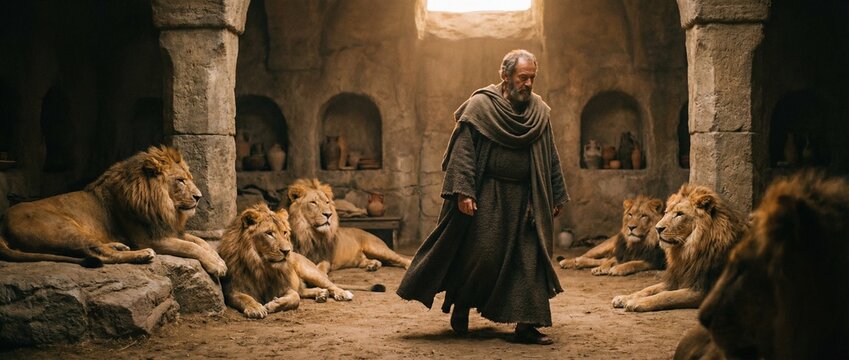 Old man, a prophet Daniel, walking among lions in their den. Biblical scene depicting faith and divine protection from danger. Banner with copy space