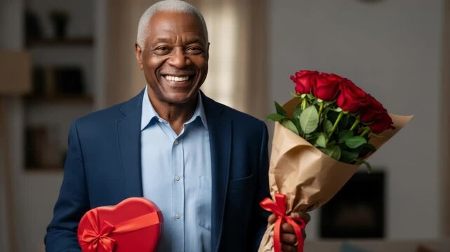 Romantic senior african male holding a bouquet of red roses and a heart shaped box. Cheerful mature gentleman with a valentine gift for a holiday or anniversary celebration