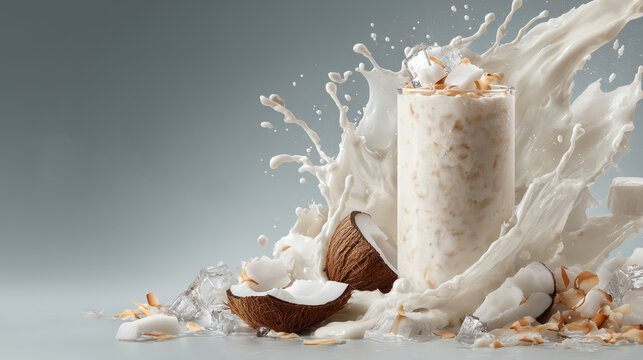 Minimal white coconut drink with splash and ice, perfect for clean food photography, product labels, and banners.