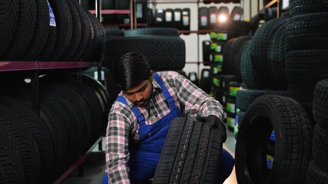 Professional auto mechanic inspecting a new tire in a service shop warehouse