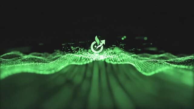 Green abstract wave of glowing particles with upward arrow symbol representing growth and progress digital technology concept