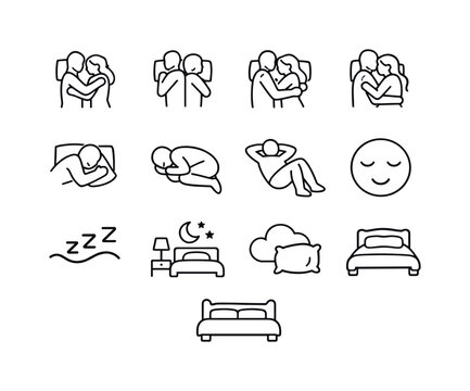 Sleeping Position Icons. Sleeping Positions. Line icon set of Sleeping Positions: couple side sleeping, back-to-back sleep, spooning pose, arms around figure,