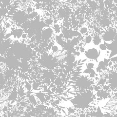 Fototapeta premium Seamless monochrome grey print leaves and flora . hand drawn. Not AI, Vector illustration.