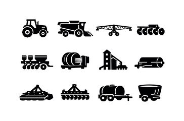Fototapeta premium Agricultural Equipment Icons. Agricultural equipment. Solid icon set of agricultural equipment: tractor, harvester, irrigation pivot, disc plow, seed planter,