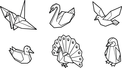 Obraz premium Line art origami bird icons set six hand drawn paper crane swan dove duck peacock penguin in clean vector outline isolated on white minimalist geometric style