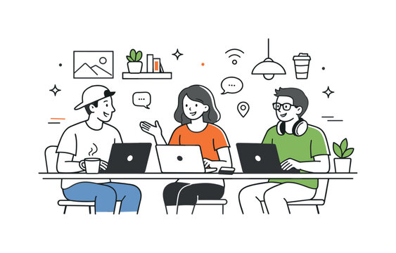 Coffee Shop Collaboration. Digital nomads in coffee shop. Friends smiling while working on laptops, light communication and shared workspace vibe, cozy modern