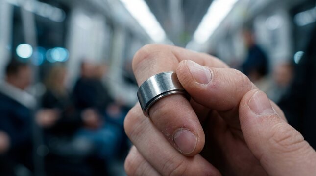 Zbliżenie 8K na dłonie osoby neuroatypowej używającej metalowego pierścienia sensorycznego w metrze.