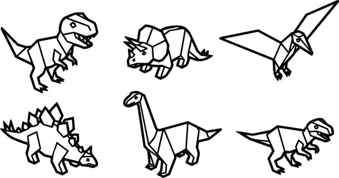 Line art vector dinosaurs set six origami style minimalist polygonal baby tyrannosaurus triceratops brontosaurus pterodactyl stegosaurus raptor facing right and left simple outline black