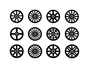 Fototapeta premium Wagon Wheel Icons Grid. Wagon wheel design. Solid icon set of Wagon wheel design: circular geometry, symmetry spokes, radial pattern, balanced wheel, design
