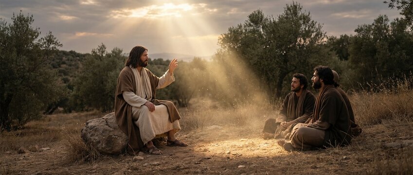Jesus preaching the Sermon on the Mount to his disciples. Biblical scene from the Gospel of Matthew. Religious teachings and spiritual guidance. Banner with copy space