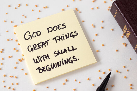 God does great things with small beginnings, inspirational Christian quote with mustard seeds and holy bible. Faith in Jesus Christ, biblical concept.