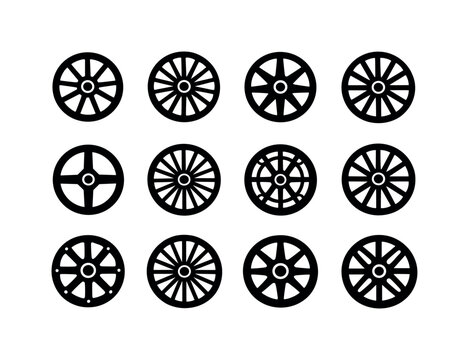 Wagon Wheel Icons Grid. Wagon wheel design. Solid icon set of Wagon wheel design: circular geometry, symmetry spokes, radial pattern, balanced wheel, design
