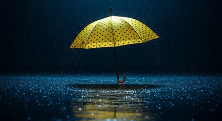 Yellow polka dot umbrella standing alone on wet ground in the rain