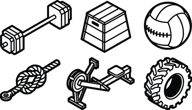 Isometric line art gym equipment set includes barbell plyo box medicine ball climbing rope rowing machine and tractor tire isolated outline front view close up icons