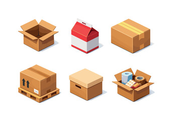 Fototapeta premium Isometric Packaging Icons. Packaging. Isometric flat vector icons set of Packaging: corrugated cardboard box, folded carton package, taped parcel box, shipping